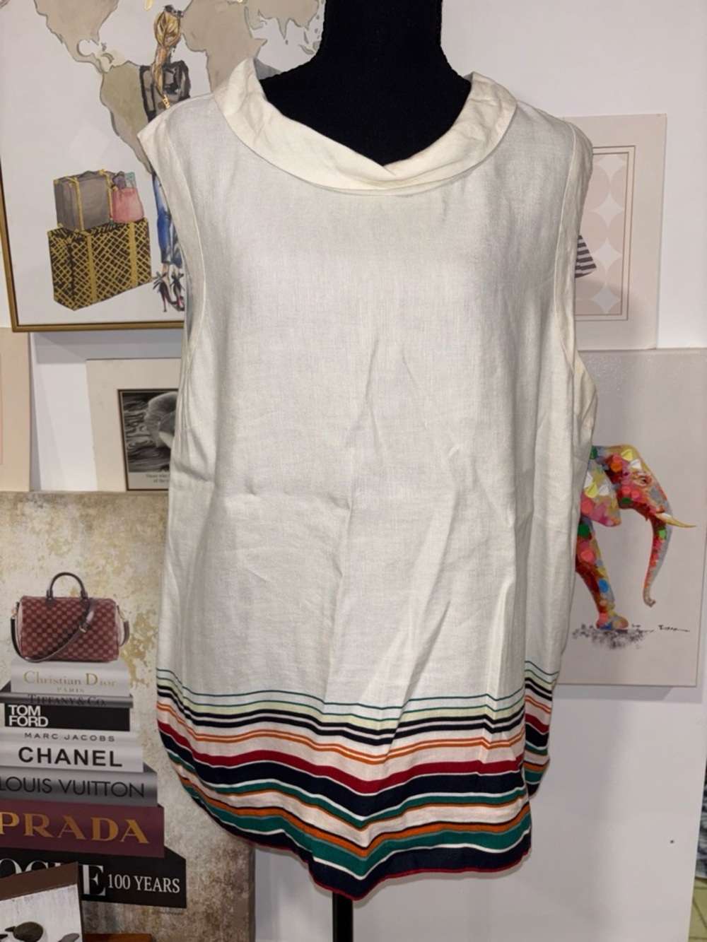 Ann Taylor Cream Sleeveless Shell with Multicolor Striped Hem